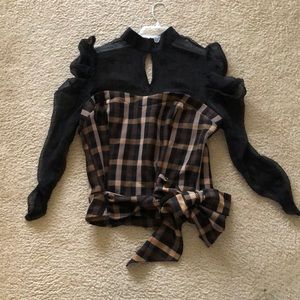 Black and Brown Plaid Long-Sleeve Tie-Front Women's Top